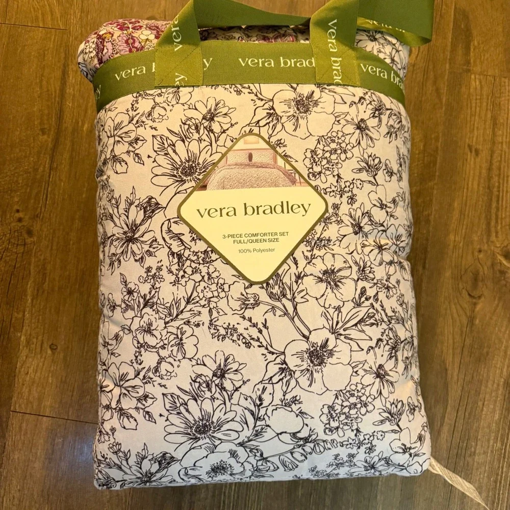 Vera Bradley Comforter Set Full Queen White Black Purple Floral Reversible 3pc
